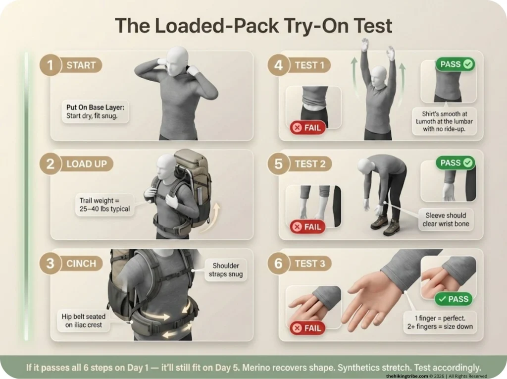 Six-step illustrated guide for the Loaded-Pack Try-On Test for hiking base layers, with pass/fail indicators for each movement check.