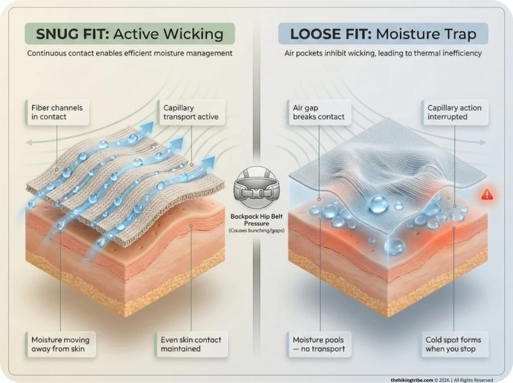 Cross-section infographic comparing capillary wicking in a snug base layer vs moisture pooling in a loose layer with air gap against skin.