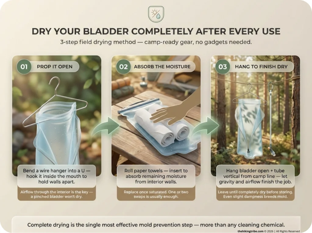 Three-step photo sequence showing how to dry a hydration bladder at camp using a bent wire hanger to prop it open, paper towels inside to absorb moisture, and the tube hanging vertically from a camp clothesline.