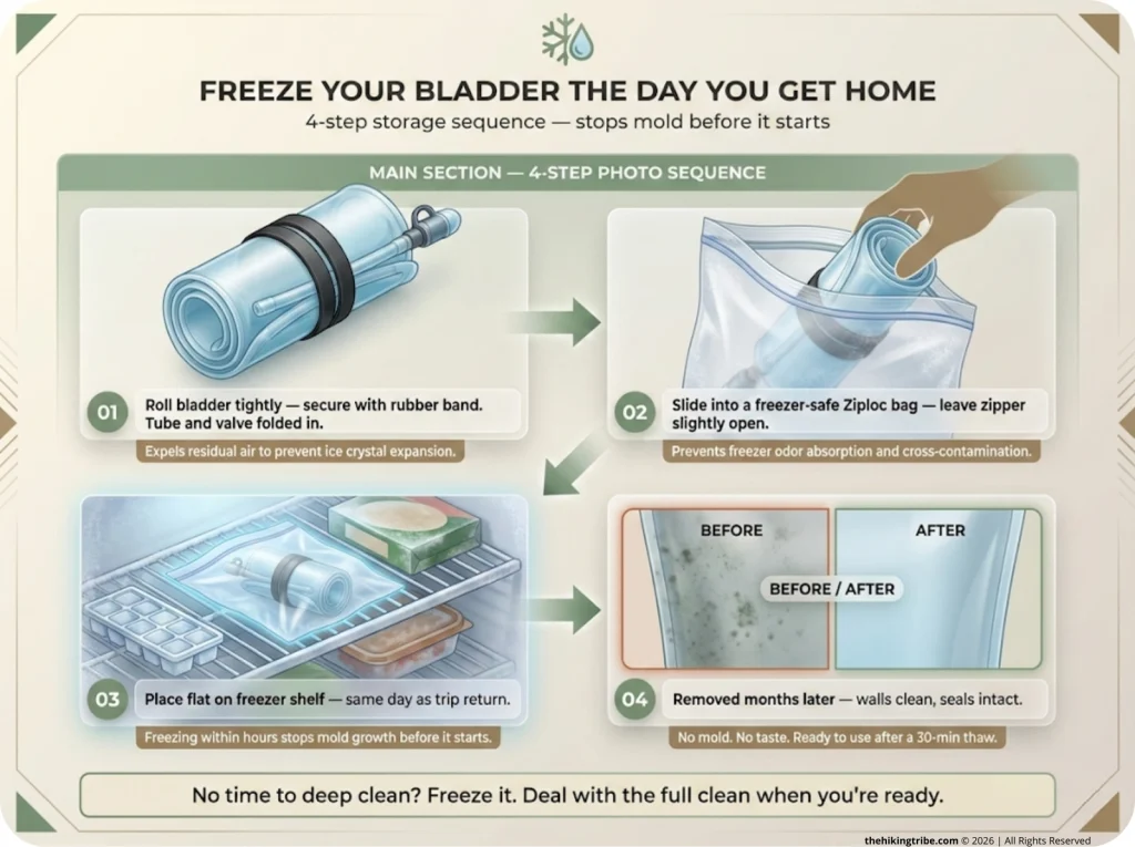 Four-step photo sequence showing how to freeze a hydration bladder — rolled and banded, placed in a Ziploc bag, stored in the freezer, and retrieved clean months later — with a before and after comparison.