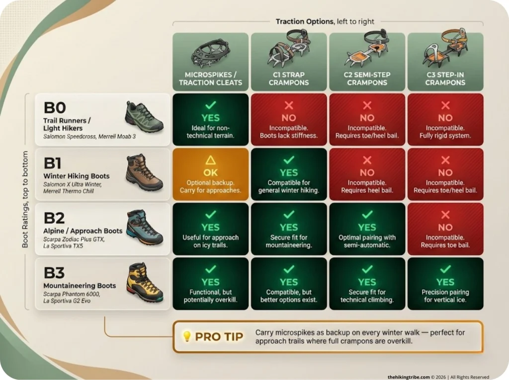 Boot-to-crampon compatibility matrix infographic showing B0–B3 ratings vs C1–C3 crampon types with green/red/yellow cells, microspikes row, and real boot model examples.