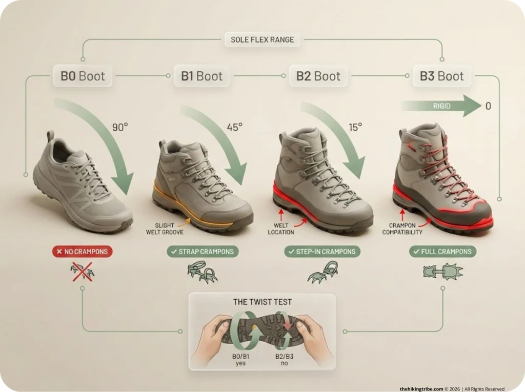 Side-by-side infographic comparing B0 to B3 hiking boot stiffness ratings with sole flex arrows, welt locations, crampon compatibility icons, and twist test diagram.
