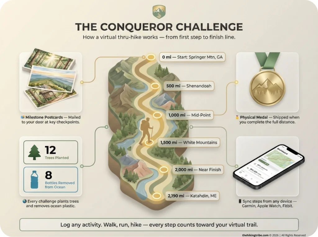 Infographic showing the anatomy of The Conqueror virtual challenge with an Appalachian Trail progress map, milestone postcards, physical medal, and environmental impact counter.