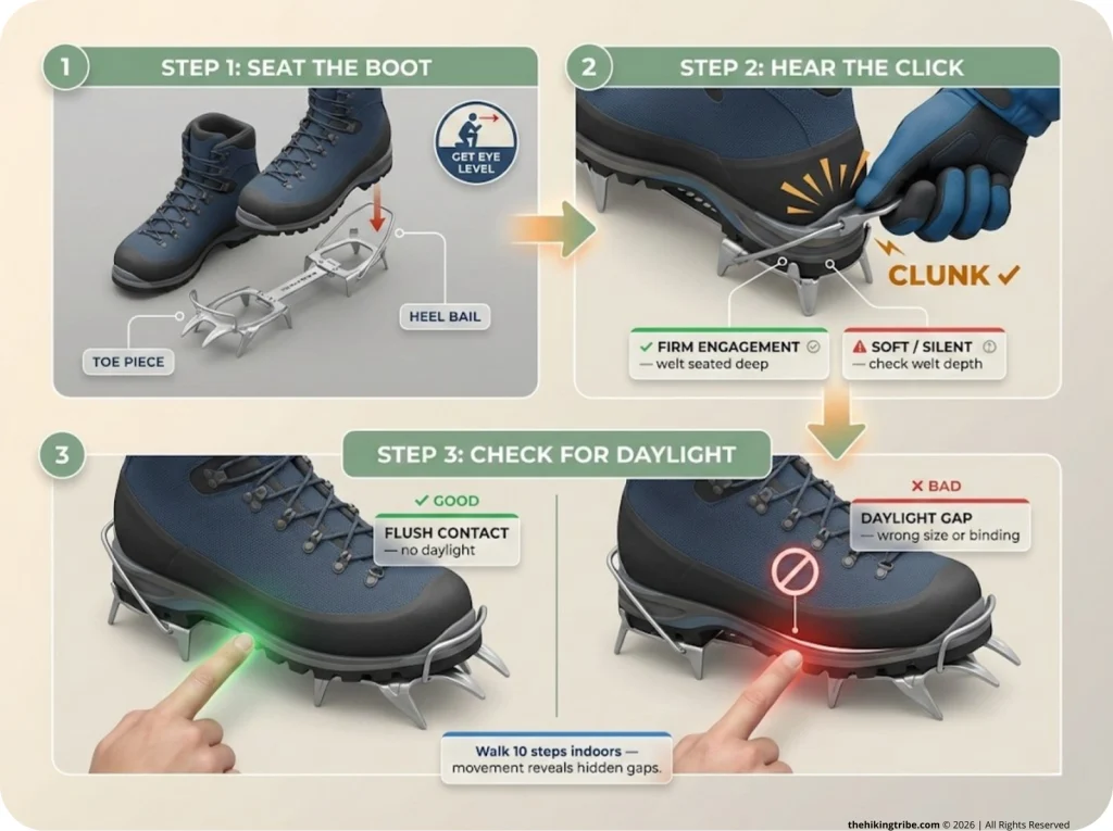 3-step crampon fitting infographic showing boot placement from above, heel lever "clunk" engagement close-up, and gap check comparing flush contact vs. daylight gap.