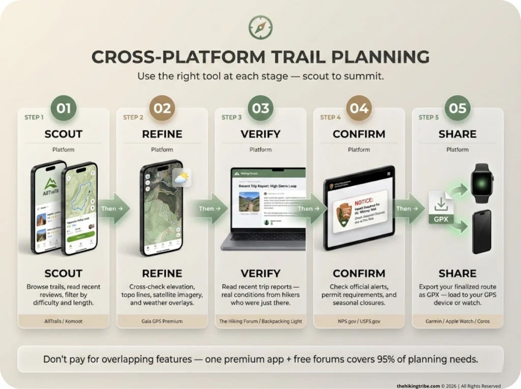 Five-step cross-platform trail planning flowchart showing Scout, Refine, Verify, Confirm, and Share stages with corresponding apps and key actions for each step.