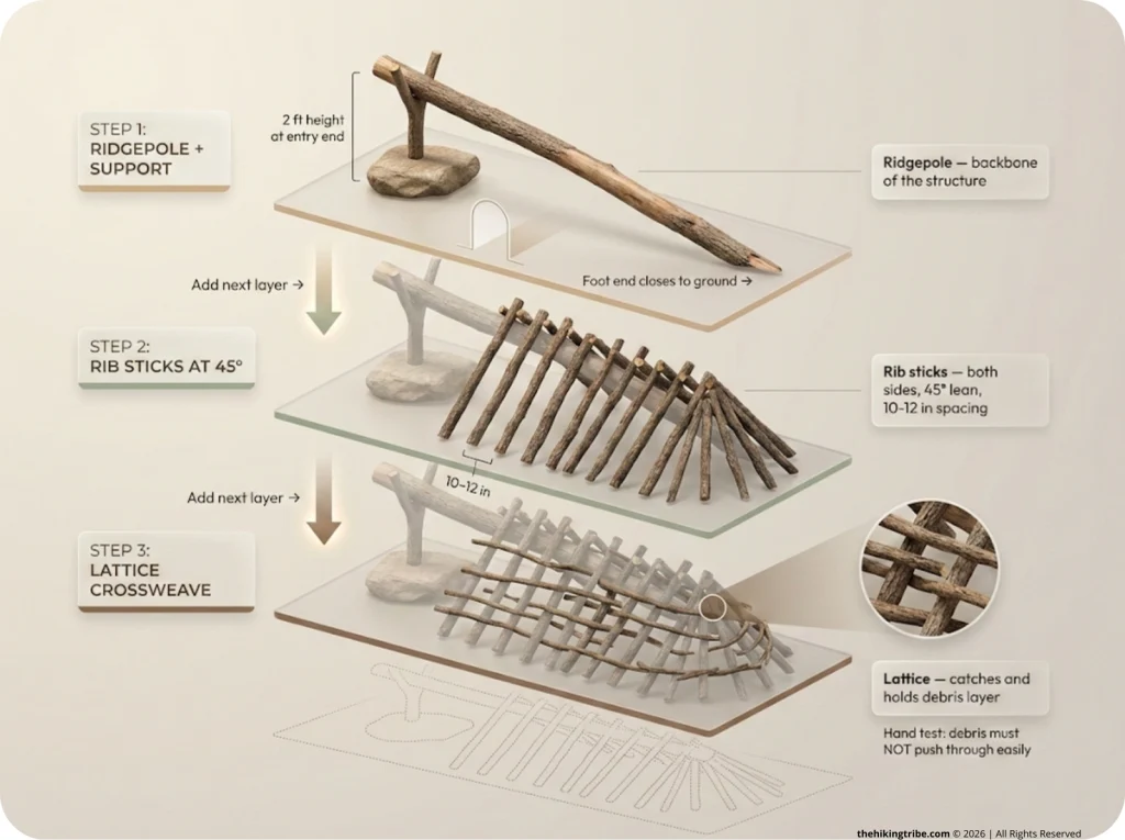 Exploded-view infographic showing the 3-layer debris hut frame build sequence: ridgepole at 2 ft, rib sticks at 45° spaced 10–12 inches, and lattice crossweave.