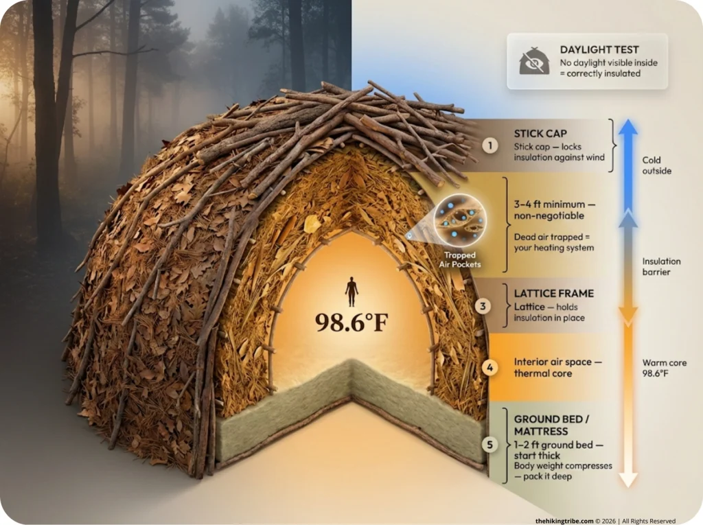 Cross-section cutaway infographic of a debris hut showing layered insulation from outer stick cap to 3-4 ft debris to interior air space and ground bed, with 98.6°F heat gradient.