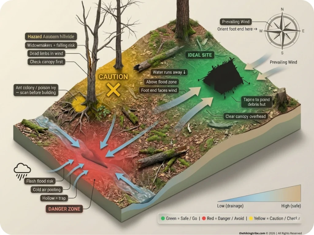 Bird's-eye map infographic showing safe vs. dangerous debris hut site placement with color-coded zones for drainage, widowmakers, wind, and slope.