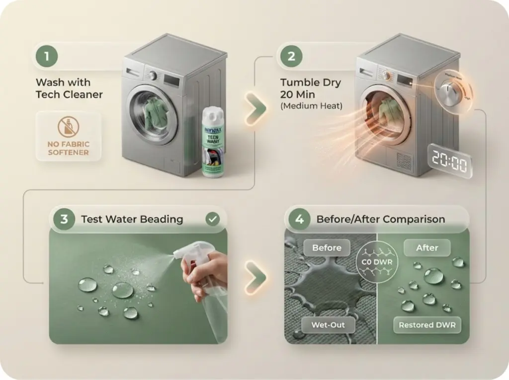 Four-panel process diagram showing complete DWR restoration sequence from washing with tech cleaner through heat reactivation to water beading test results.