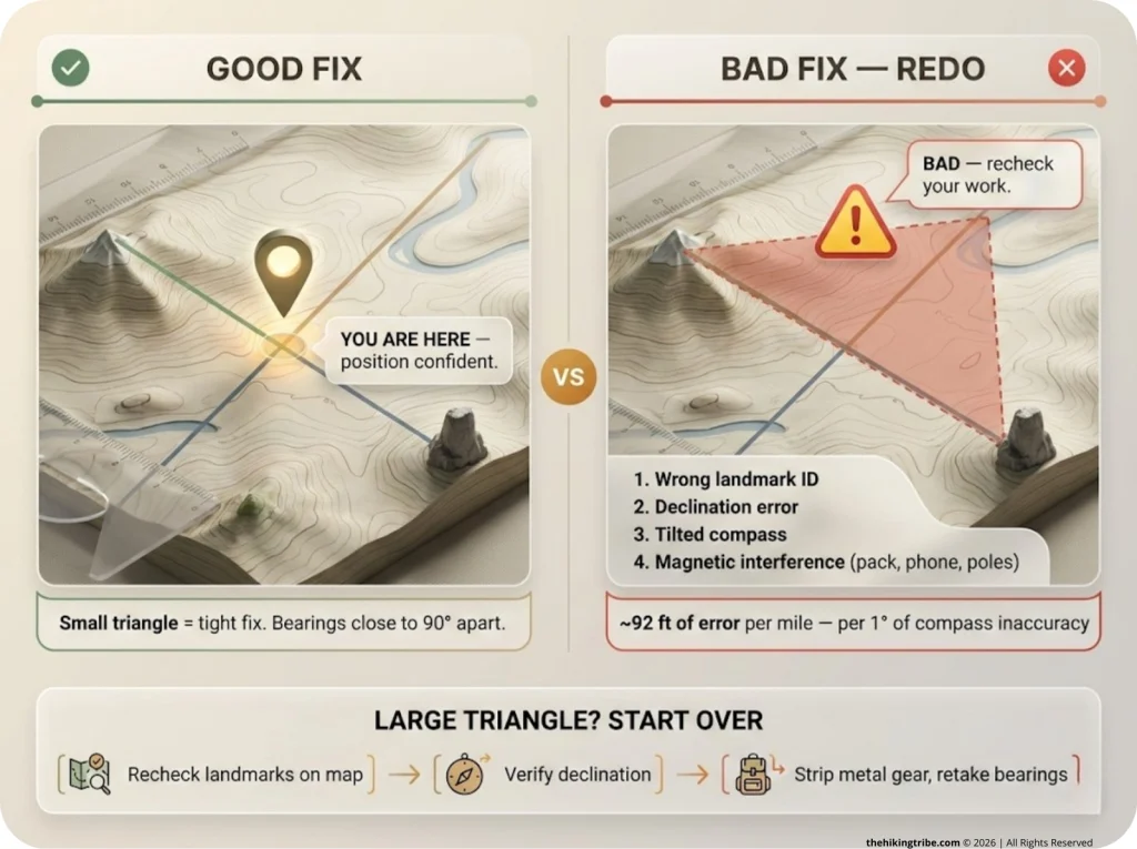 Side-by-side comparison of a tight error triangle labeled GOOD versus a wide error triangle labeled BAD, with 92 ft/mile error callout and causes listed.