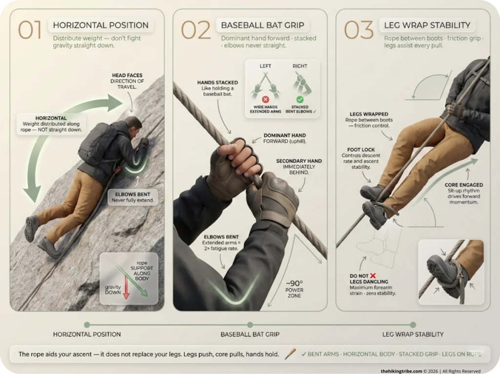 3-frame technique sequence showing horizontal body position on fixed rope with head forward, close-up of stacked baseball bat hand grip, and legs wrapped for stability — annotated with body angle, arm bend, and head orientation arrows.