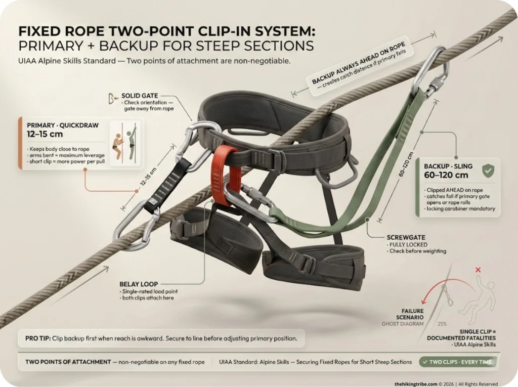 Annotated diagram of a harness belay loop showing primary 12–15 cm quickdraw and backup 60–120 cm sling clipped to a fixed rope, with callouts identifying each attachment point's role and failure protection function.