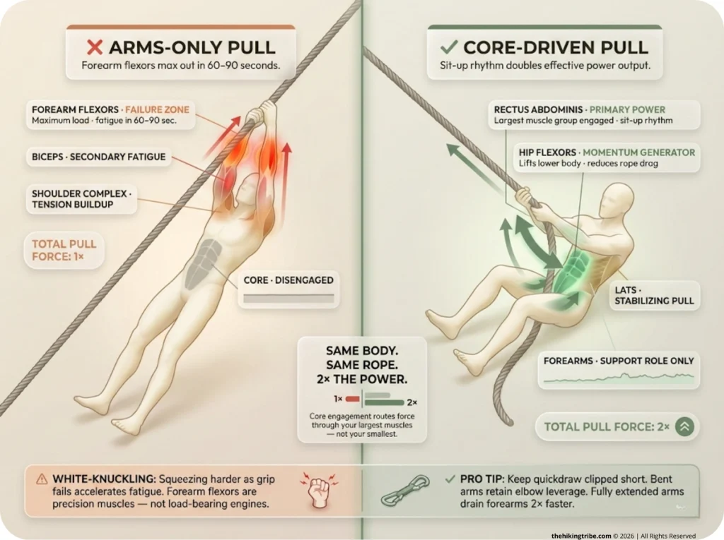 Side-by-side anatomy diagram comparing arms-only fixed rope pulling with forearm fatigue zones highlighted in red versus core-driven pulling with abdominal and hip flexor power zones in green, showing force vector arrows to the rope.