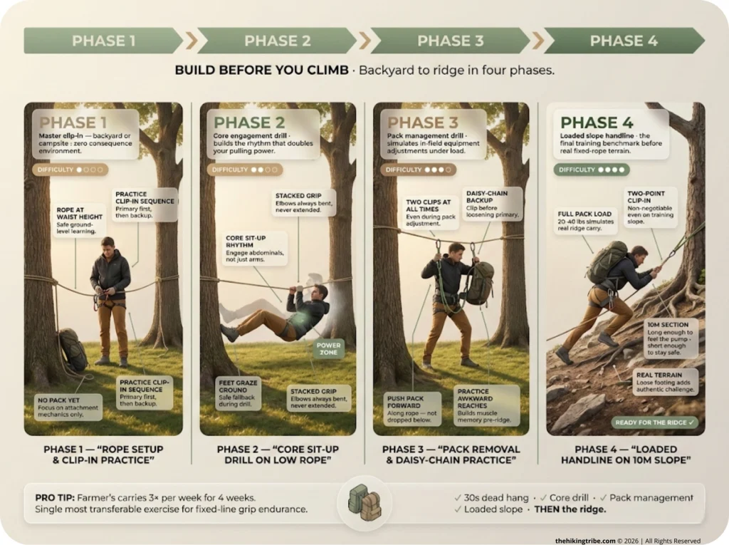 4-frame practice progression for fixed rope skills showing Phase 1 rope setup between trees, Phase 2 core sit-up drill on low rope, Phase 3 pack removal and daisy-chain practice, and Phase 4 loaded pack handline on a 10-meter slope.