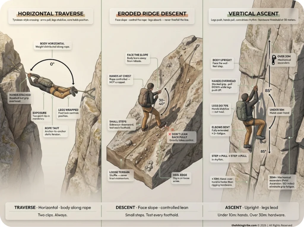 Triptych infographic showing three fixed rope scenarios — horizontal Tyrolean traverse with body flat, eroded ridge descent facing slope and leaning back, and vertical ascent with body upright stepping up — each with labeled technique differences.