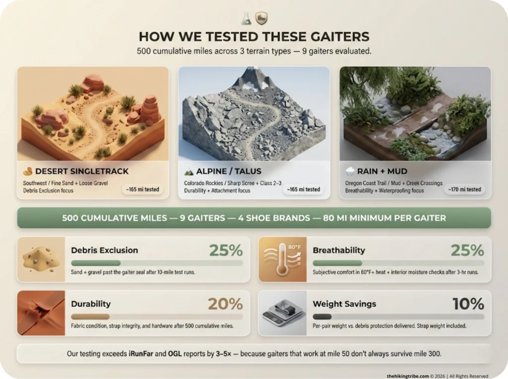 Ankle gaiter testing methodology infographic showing three terrain types tested, 500 cumulative miles, and five scoring criteria with weighted percentages for debris exclusion, breathability, durability, attachment security, and weight savings.