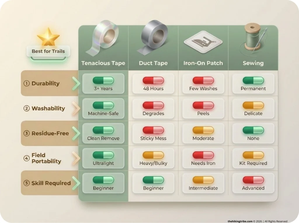 Color-coded comparison matrix rating Tenacious Tape, Duct Tape, Iron-On, and Sewing across 5 criteria: Durability, Washability, Residue, Field Portability, and Skill Required.