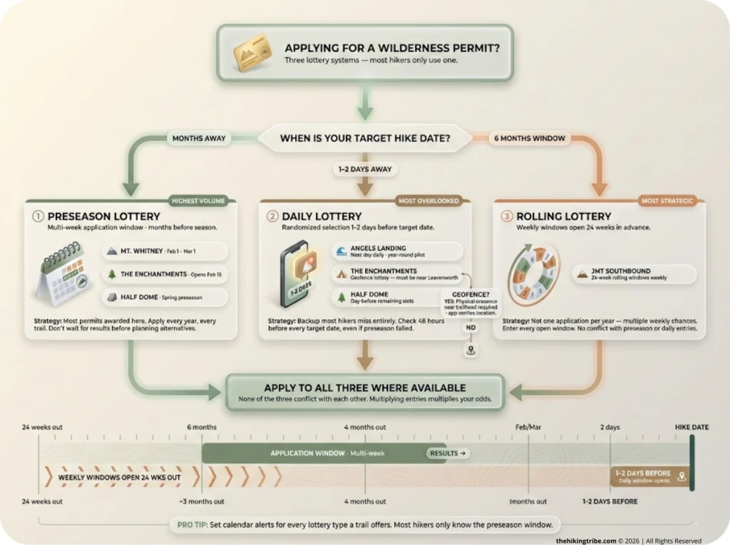 Flowchart infographic showing three hiking permit lottery pathways — Preseason, Daily, and Rolling — with decision nodes and a timeline bar showing when each type opens relative to the target hike date.