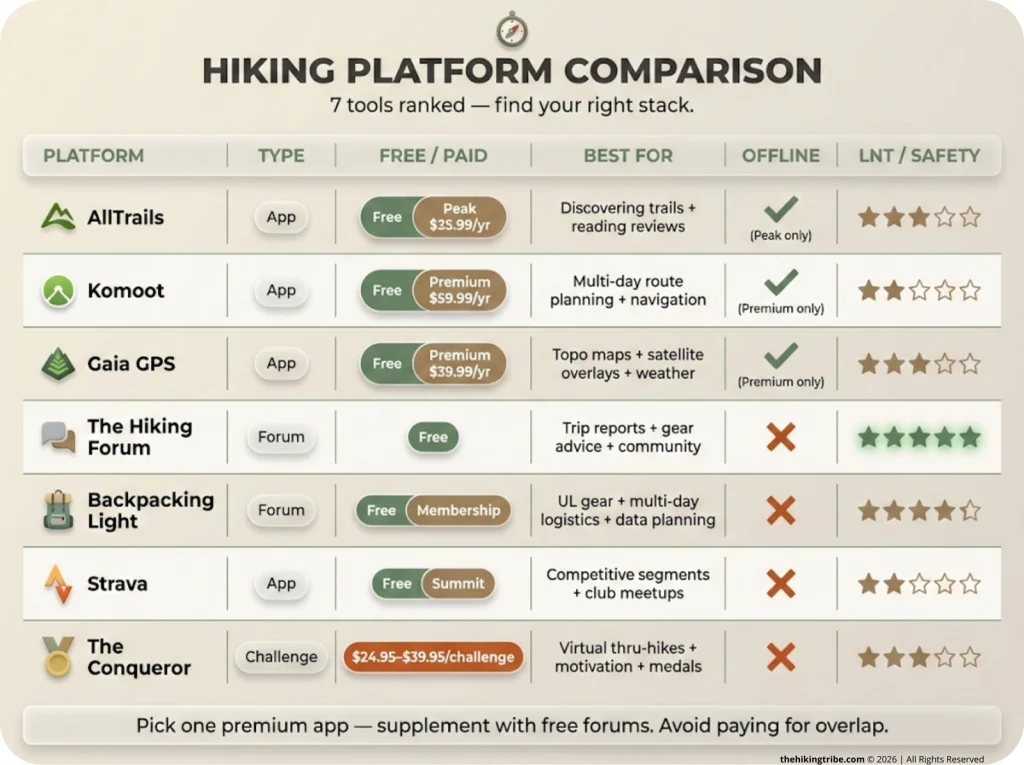 Side-by-side comparison card of 7 hiking platforms showing type, free or paid status, best use case, offline availability, and LNT and safety focus rating for each.