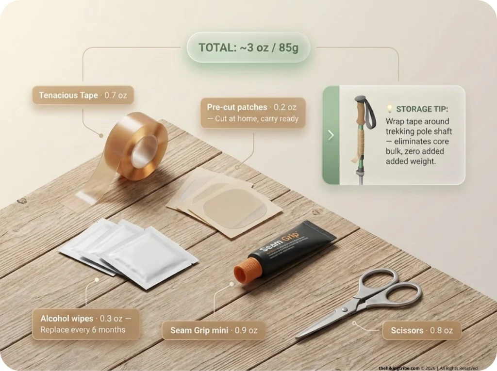 Flat-lay infographic of a 3-ounce hiking repair kit showing Tenacious Tape, pre-cut patches, alcohol wipes, Seam Grip, and scissors with individual weight labels and trekking pole storage tip callout.