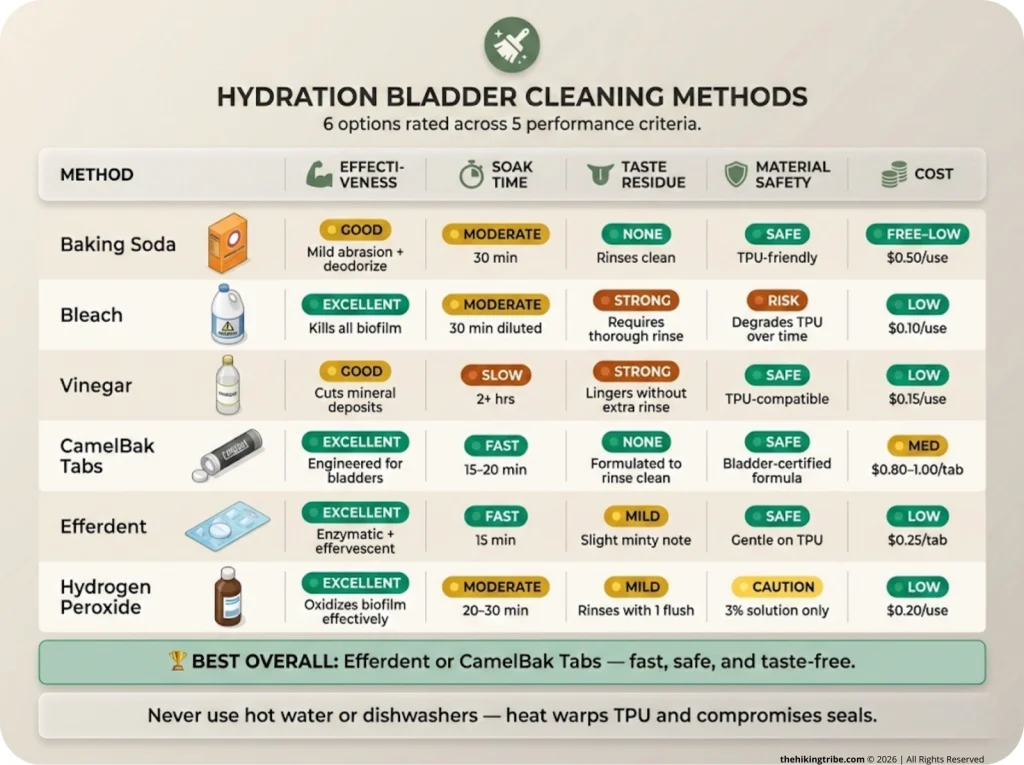 Side-by-side comparison of six hydration bladder cleaning methods — baking soda, bleach, vinegar, CamelBak tabs, Efferdent, and hydrogen peroxide — rated for effectiveness, soak time, taste residue, material safety, and cost.