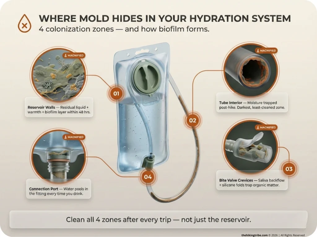Cross-section diagram of a hydration bladder system showing the four mold colonization zones — reservoir walls, tube interior, bite valve crevices, and tube-reservoir connection port — with magnified biofilm illustrations.