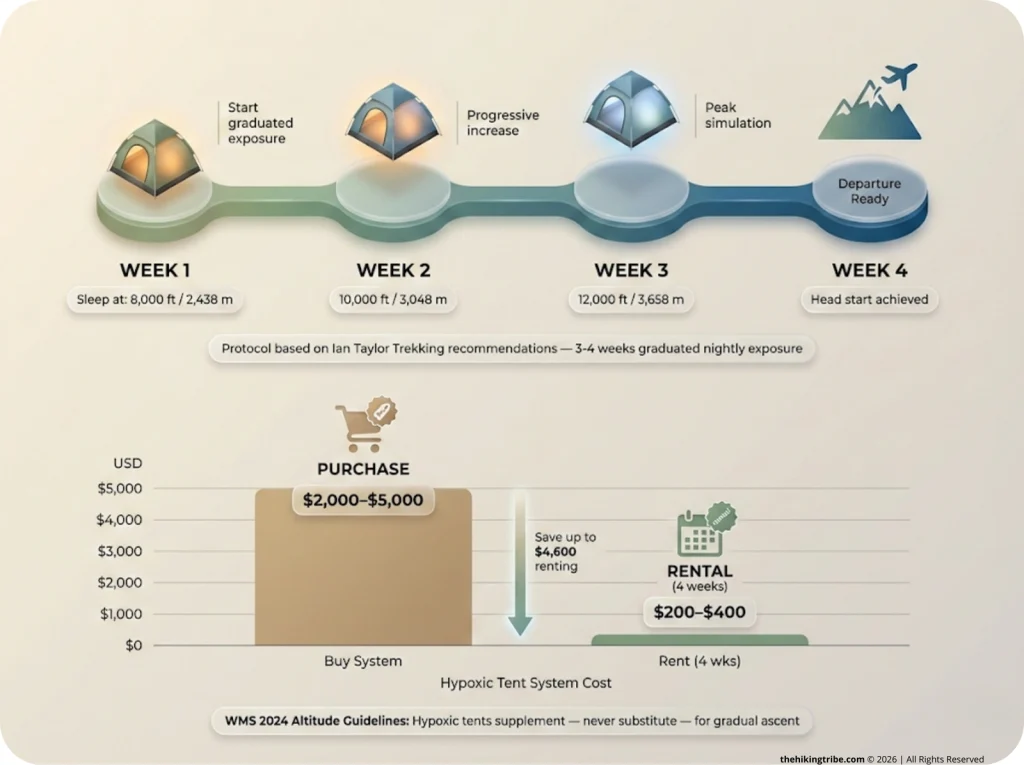 4-week hypoxic tent pre-acclimatization timeline infographic showing simulated altitude progression from 8,000 to 12,000 ft, with purchase vs. rental cost comparison bar chart.