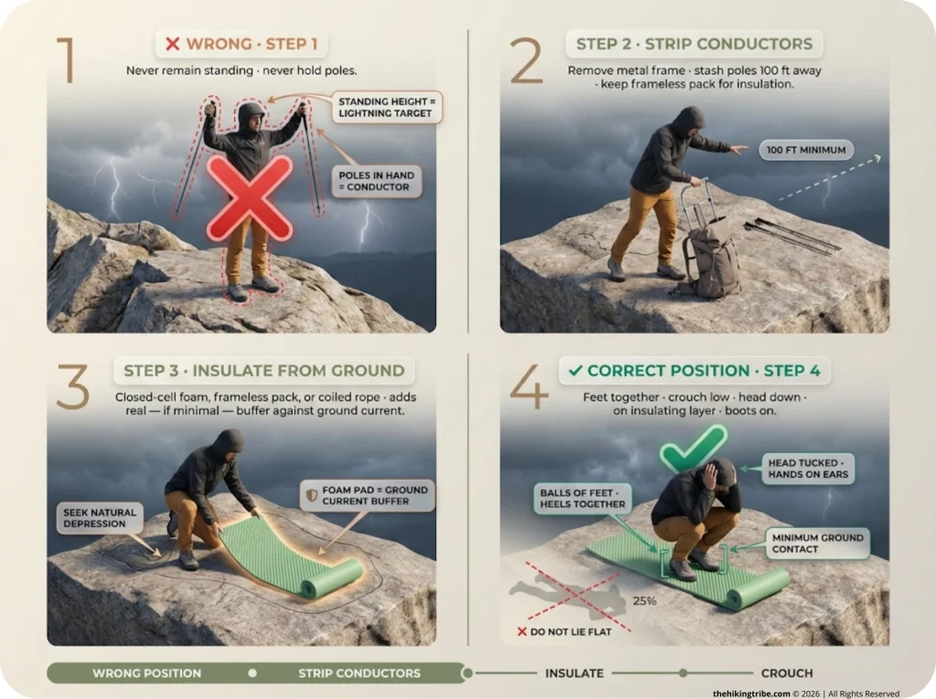4-panel step-by-step infographic on exposed alpine ridge showing lightning crouch technique: wrong standing position, removing pack frame, placing insulating pad, and correct heels-together crouched position with red X and green check indicators.