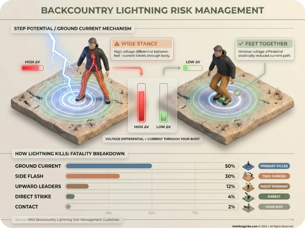 NWS-based infographic showing ground current step potential voltage differential in wide-stance vs feet-together positions, with lightning fatality percentage breakdown by strike type across five mechanisms.