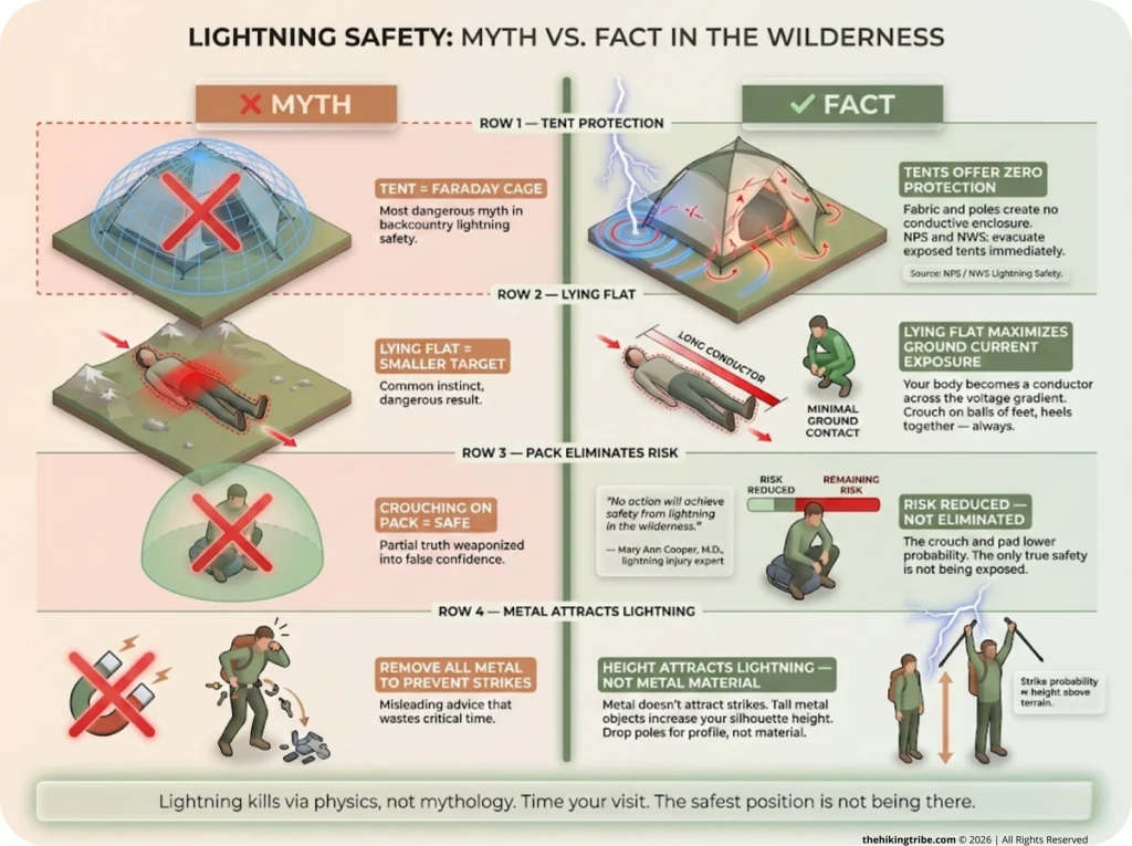 Myth vs. fact comparison infographic debunking four common hiking lightning safety myths — tent Faraday cage, lying flat, pack eliminating risk, and metal attracting strikes — with physics-based rebuttals.
