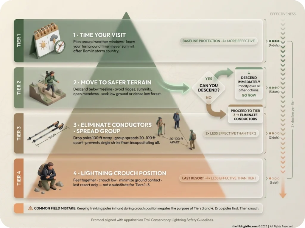Lightning safety priority pyramid flowchart for hikers showing 4 action tiers — timing, terrain, conductors, and lightning position — with effectiveness multipliers and can-you-descend decision branches.