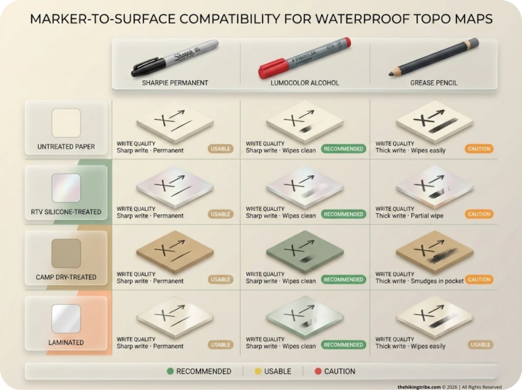 Comparison grid infographic showing Sharpie, Lumocolor, and grease pencil writing clarity and erasability results across untreated, RTV-treated, Camp Dry-treated, and laminated map surfaces.