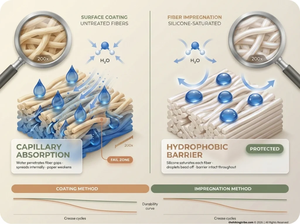 Split-panel cross-section infographic comparing untreated paper fibers absorbing water via capillary action vs silicone-impregnated fibers forming a hydrophobic barrier, microscopic view with labeled water droplet behavior.