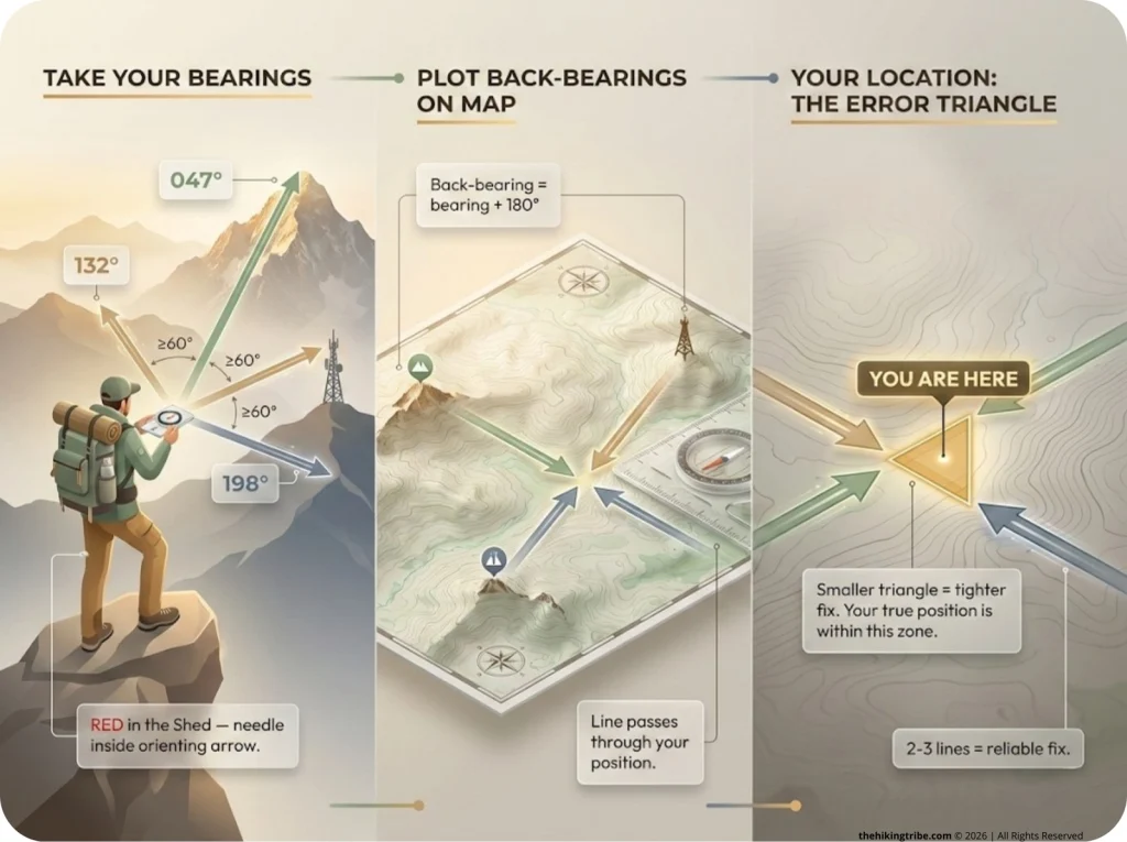 3-panel infographic showing map resection: hiker taking compass bearings on 3 peaks, back-bearings plotted on topo map, and final error triangle with YOU ARE HERE callout.