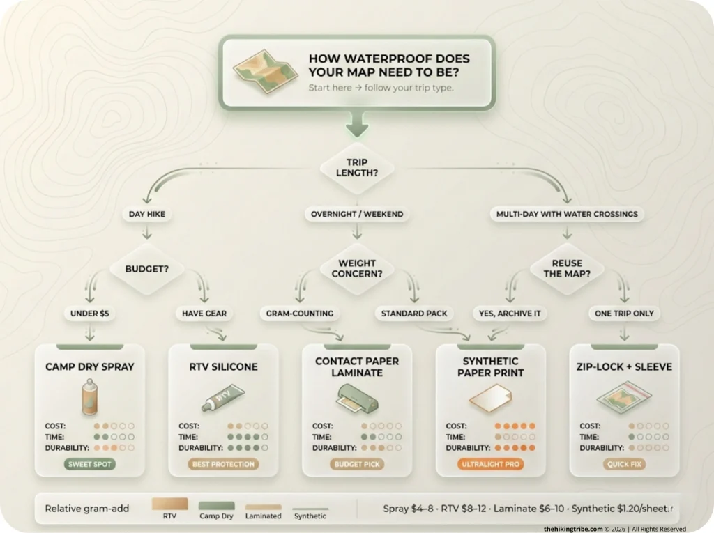 Decision tree flowchart helping hikers choose the right map waterproofing method based on trip length, with cost, time, and durability ratings for each recommended option.