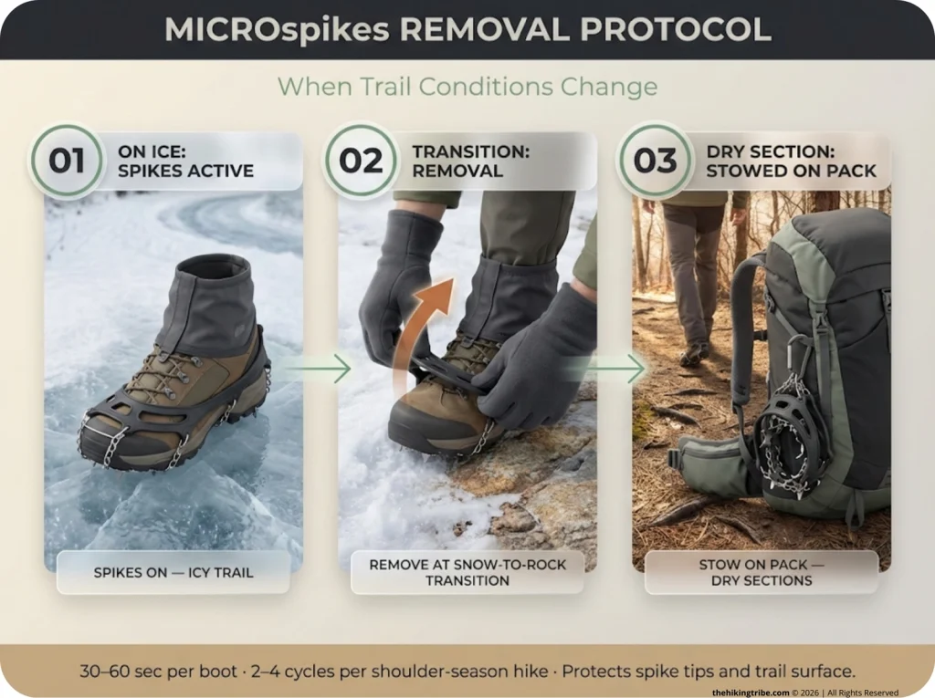 Three-panel step-by-step sequence showing MICROspikes on icy trail, hands removing the harness at snow-to-rock transition, and spikes clipped to pack during a dry trail section, with gaiters visible throughout.