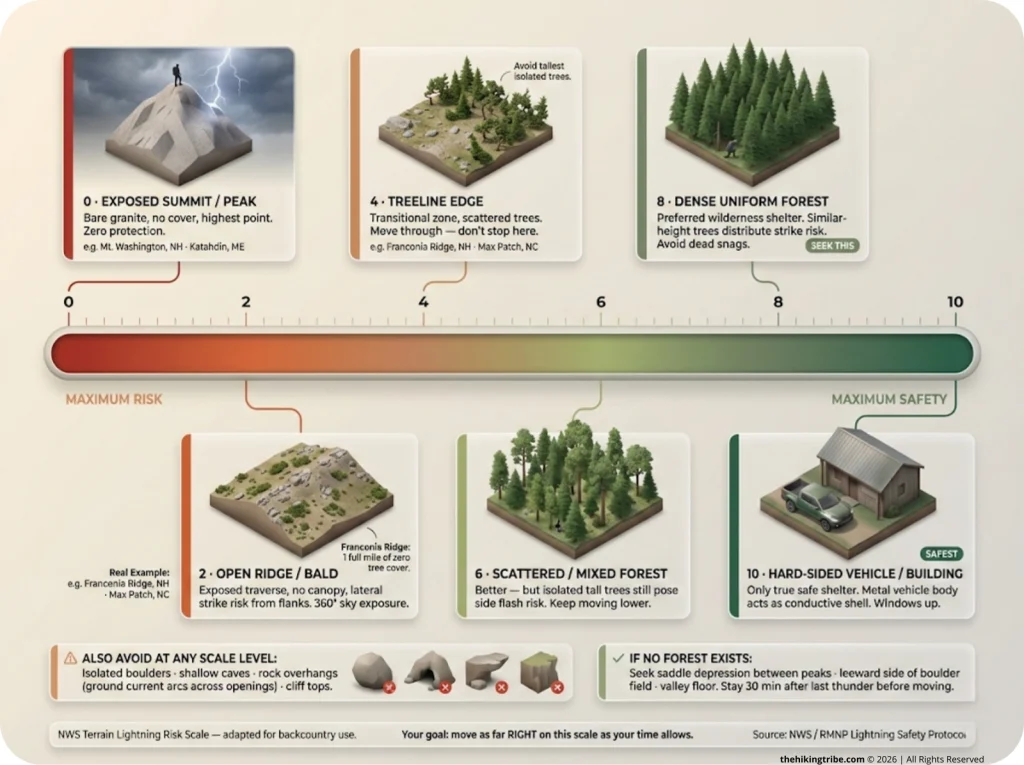 NWS-based 0 to 10 lightning terrain risk scale infographic showing six terrain types from exposed summit at maximum risk to vehicle or building at minimum risk, with red to green color gradient and real trail examples.