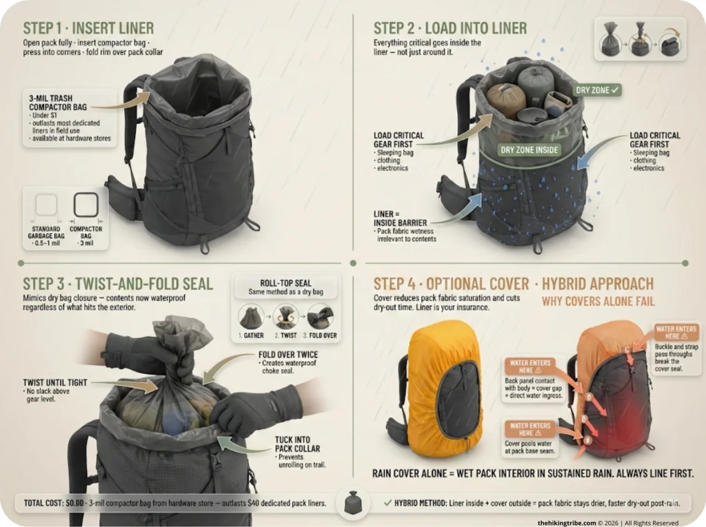 4-panel step-by-step infographic showing how to install a trash compactor bag pack liner — inserting bag, loading gear, twist-and-fold seal, and adding optional rain cover — with callout arrows showing where rain covers fail at the back panel seam.