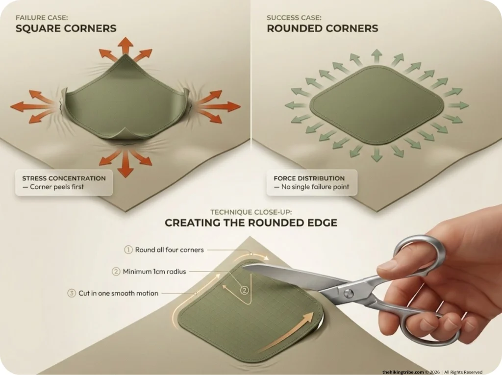 Side-by-side infographic comparing square-corner vs rounded-corner fabric patches with force arrows showing stress concentration and distribution on hiking pants.