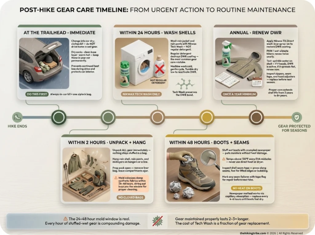 Post-hike gear care timeline infographic showing five time-based steps — at the trailhead, within 2 hours, within 24 hours, within 48 hours, and annual — with icons and instructions for preventing mold and maintaining waterproof gear after hiking in the rain.