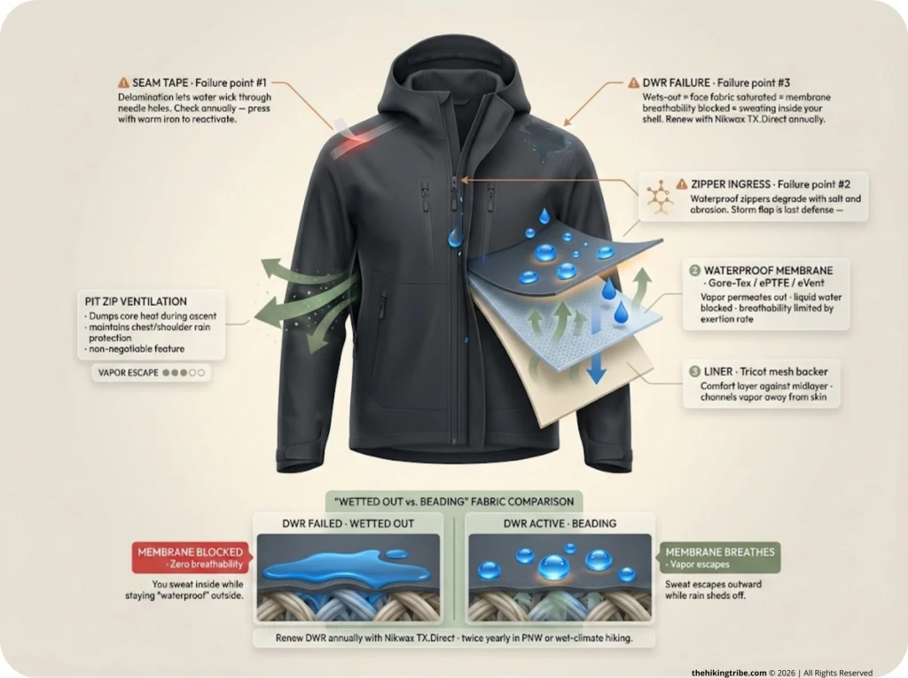 Anatomy of a rain jacket infographic showing cross-section of three-layer construction with DWR coating, waterproof membrane, and liner, pit zip airflow arrows, labeled failure points at seam tape and zippers, and inset comparison of wetted-out versus beading fabric surface.
