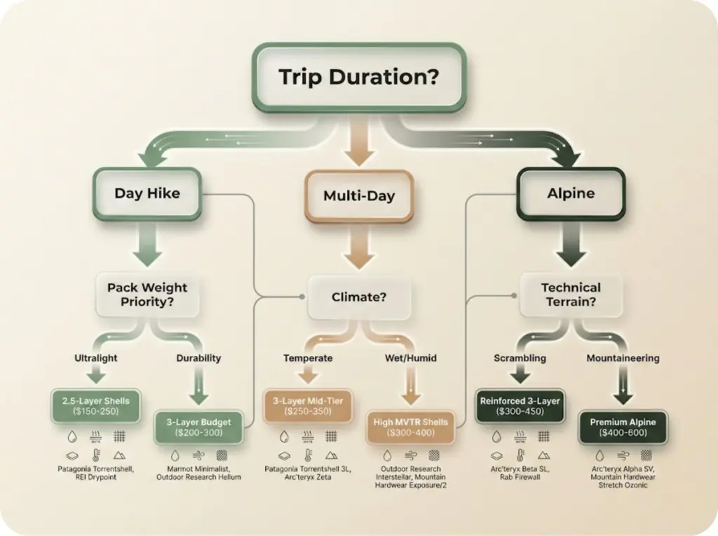 Decision flowchart for selecting hiking rain jacket tier based on trip duration, pack weight, and climate conditions with specific product recommendations.