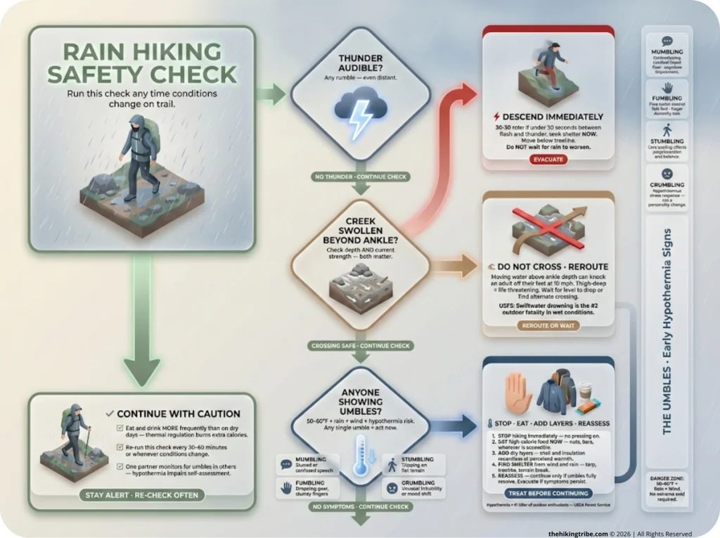 Rain safety decision flowchart for hikers showing three sequential checks — thunder audible, creek swollen beyond ankle, and anyone showing umbles — with action terminals for descend immediately, do not cross, and stop to treat hypothermia symptoms.