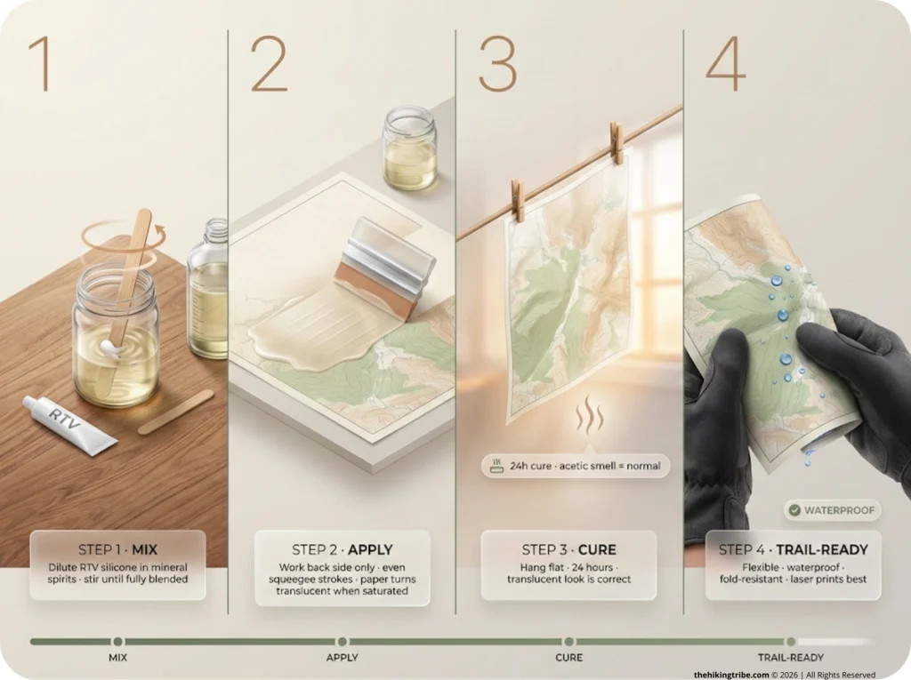 4-panel step-by-step infographic showing how to waterproof a topo map with RTV silicone: mixing, squeegee application, curing hang, and final flexibility test.