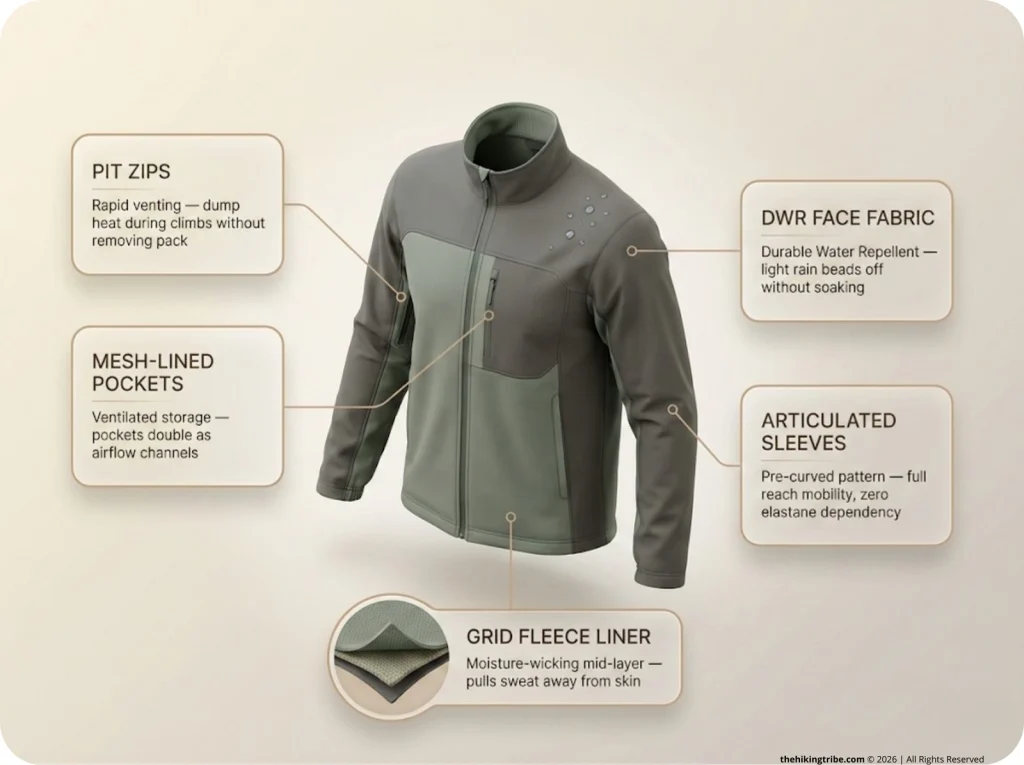 Softshell jacket anatomy diagram with labeled callouts showing pit zips, mesh-lined pockets, grid fleece liner, DWR face fabric, and articulated sleeves with breathability functions.