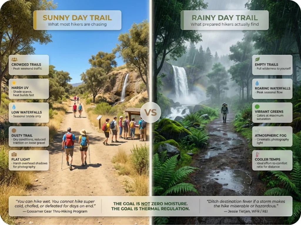 Split-panel comparison infographic showing a crowded sunny day trail with harsh shadows and dry waterfalls versus an empty atmospheric rainy day trail with fog, roaring waterfalls, and vibrant greens — with advantage iconography for each condition.