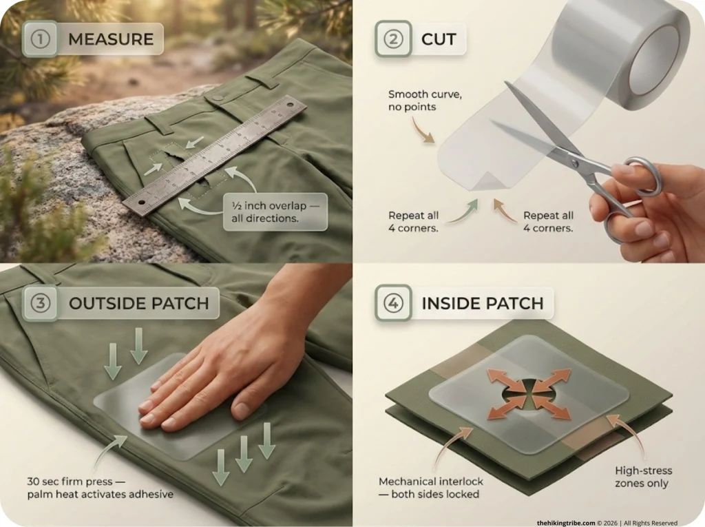 4-panel infographic showing Tenacious Tape field repair on hiking pants: measuring overlap, cutting rounded corners, pressing outside patch, and applying inside patch interlock.