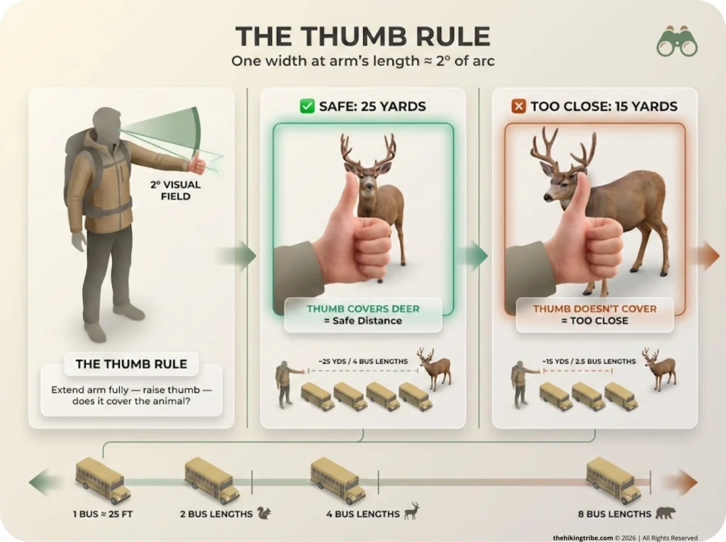 Step-by-step thumb rule infographic showing a hiker with arm extended and thumb raised covering a deer at 25 yards versus thumb not covering a deer at 15 yards, with a bus-length scale bar.