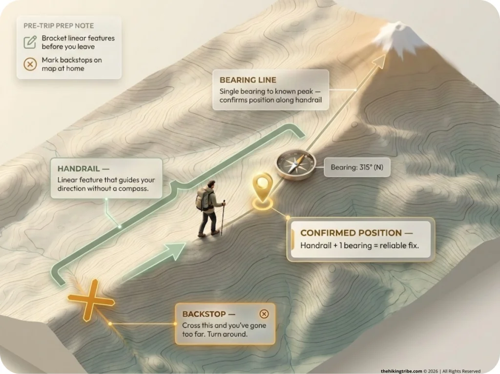 Annotated topo map infographic showing a hiker on a ridge handrail, one compass bearing line to a distant peak, intersection point marking confirmed position, with handrail and backstop labels.