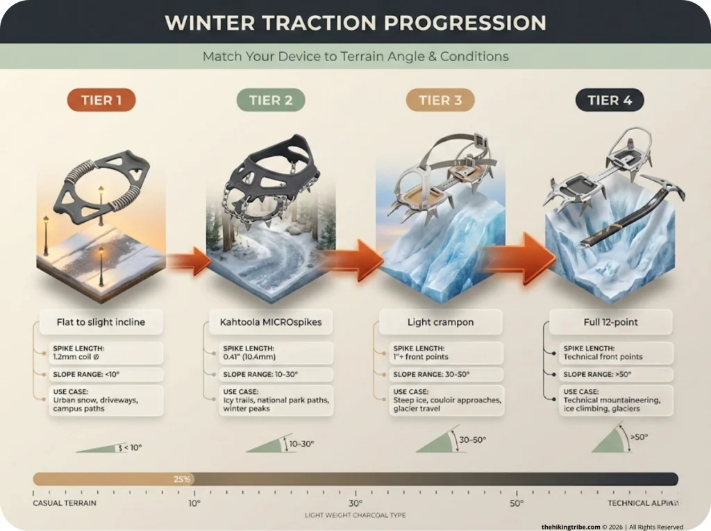 Horizontal four-tier traction progression ladder from Yaktrax for casual snow under 10 degrees, to MICROspikes for icy trails 10–30 degrees, to light crampons for steep ice 30–50 degrees, to full crampons and ice axe for technical alpine terrain above 50 degrees.